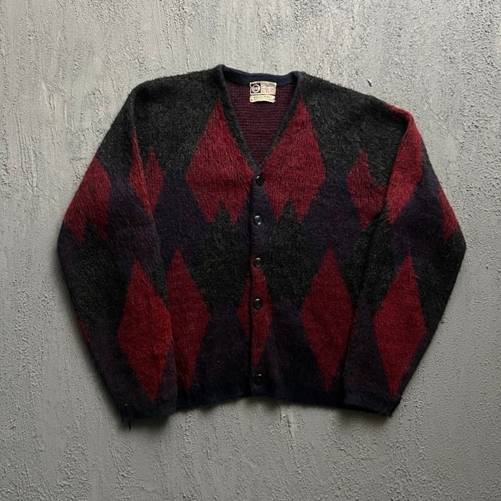 Vintage Revere Mohair Cardigan Men Medium‎ Black Red 1960s Argyle Young Breed